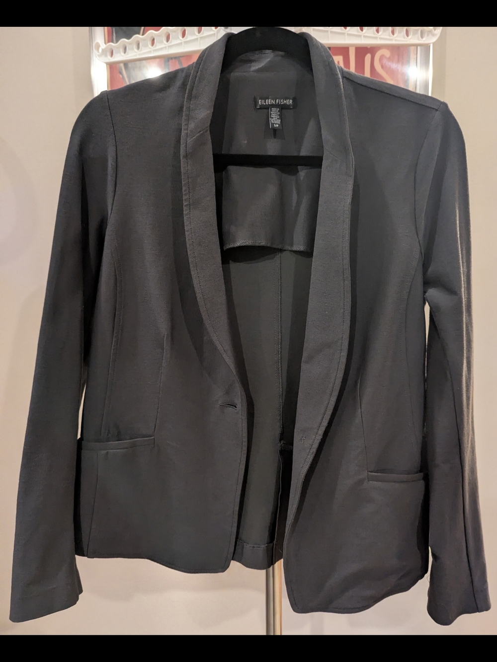 $25 Eileen Fisher Black Washable Stretch Crepe Open Front Blazer Size Small EUC
